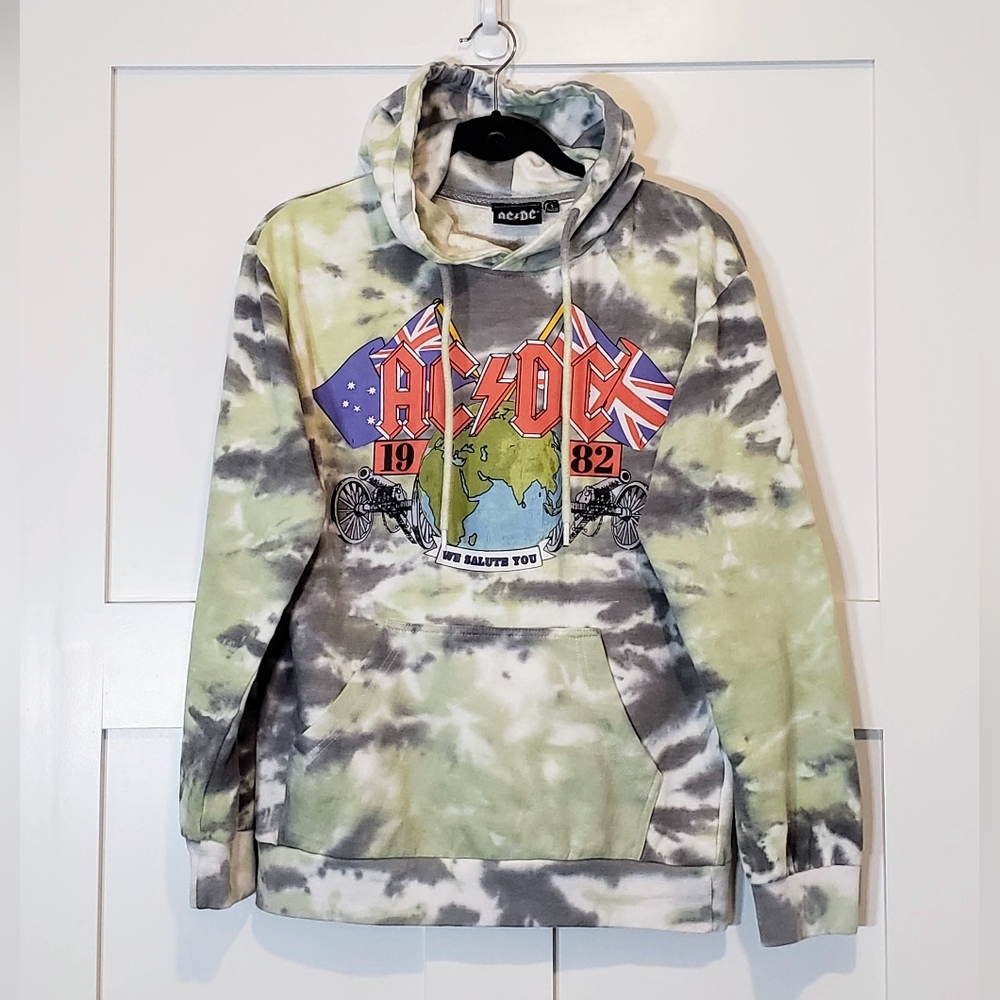 AC/DC 1982 European Tour Band Hoodie Tie Dye Size Small Vintage Green Gray